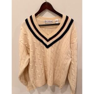 John Ashford Cable Knit Sweater XL 100% Wool Cream V Neck Preppy Classic